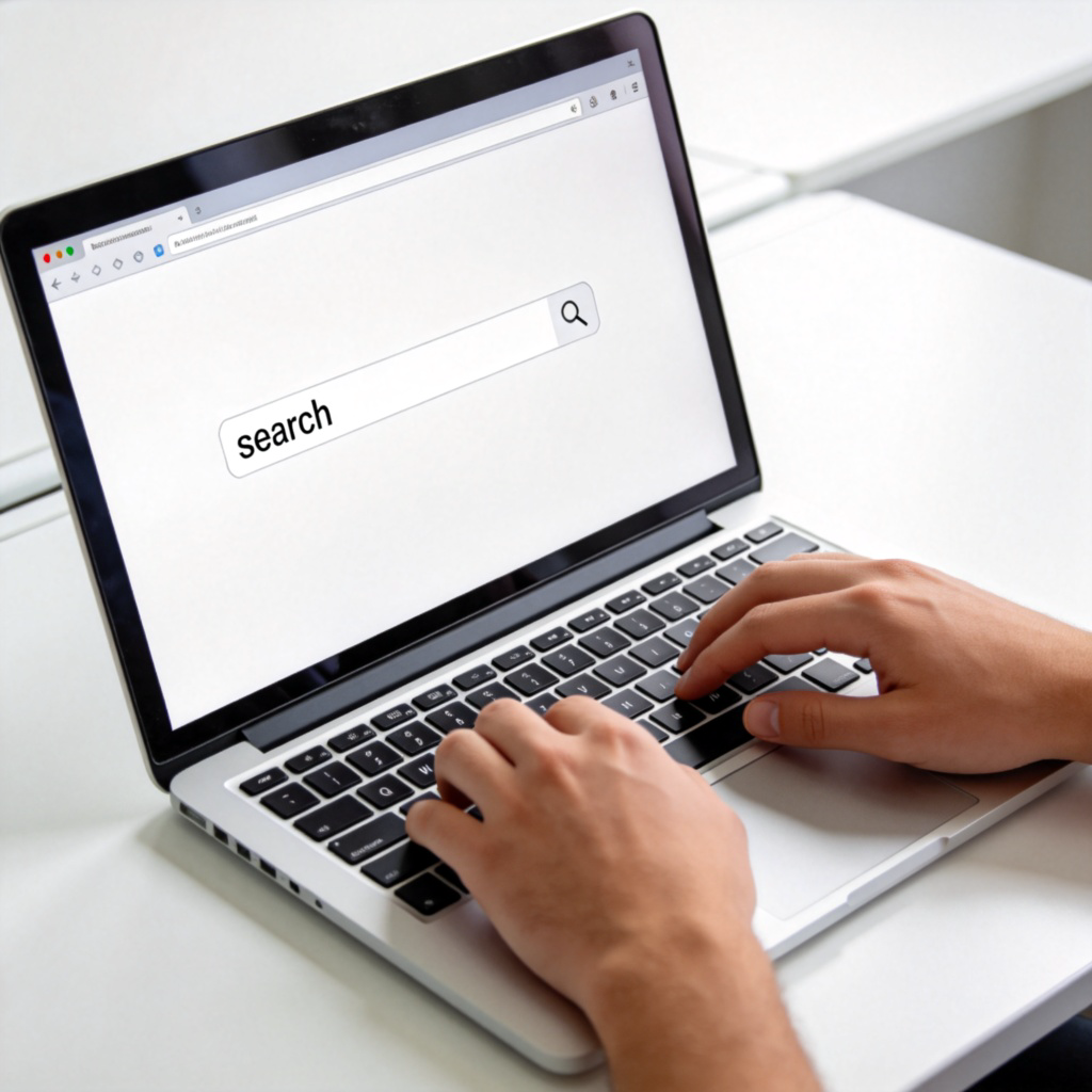 A close-up view of a person's hands on a laptop keyboard, with a bright web browser open on screen. The cursor is blinking inside a prominent search bar with the word 'search' visible. Clean, modern desk setting. No text on the image except the UI element.