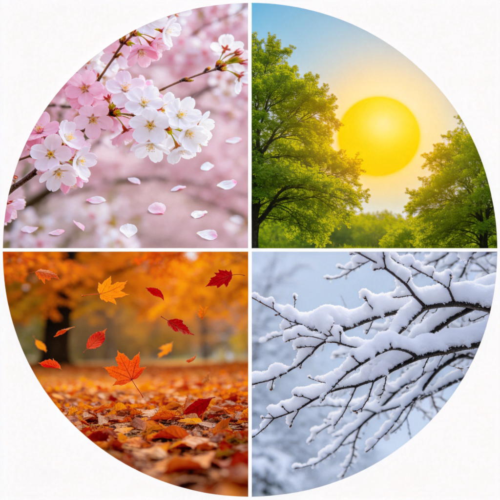 A circular infographic divided into four equal parts. Each quarter vividly shows a landscape representing one season: spring with blooming cherry blossoms, summer with bright sun and a green tree, autumn with orange and red falling leaves, and winter with snow-covered branches. The images are clear, colorful, and arranged in a clockwise cycle. No text.