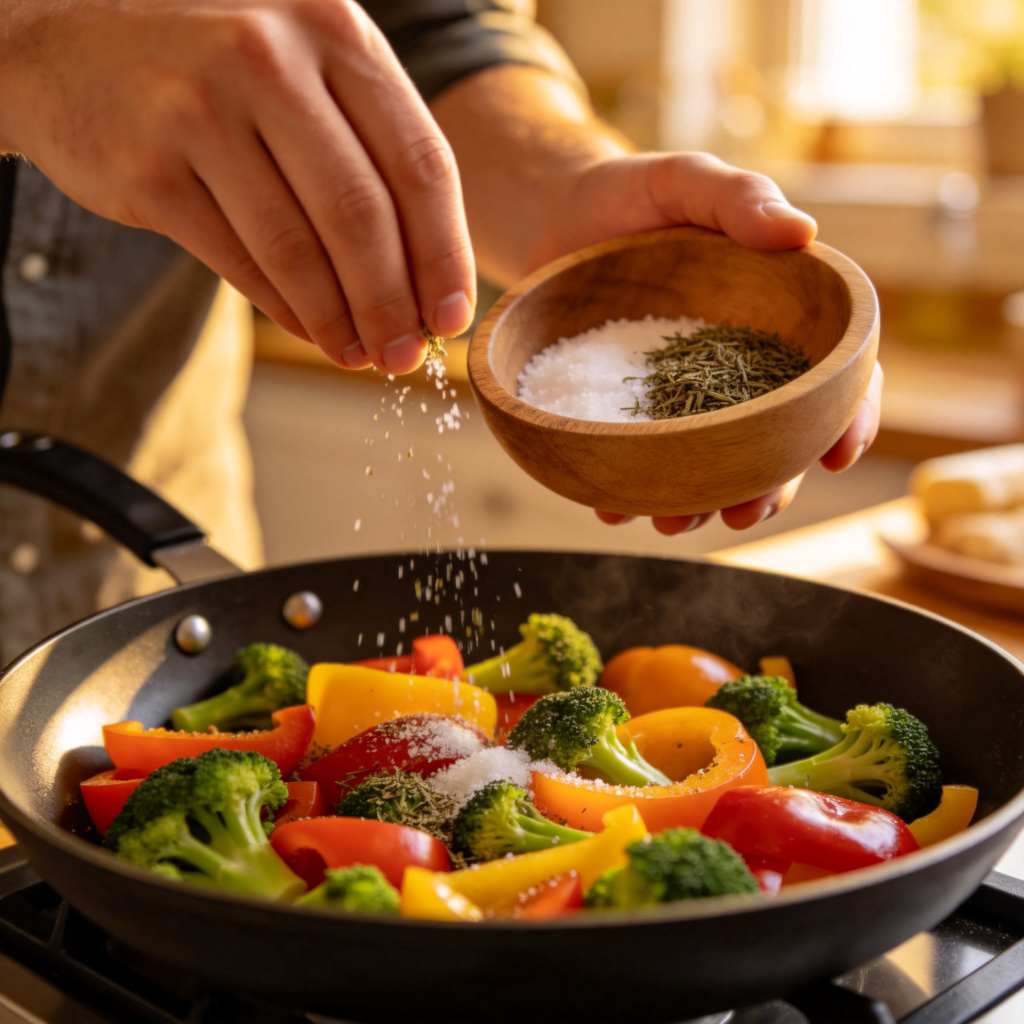 Close-up of a person's hands sprinkling salt and dried herbs from a wooden bowl onto raw vegetables in a pan. The ingredients are fresh and colorful (like bell peppers and broccoli). The action is clear, and the focus is on the seasoning falling onto the food. Warm kitchen lighting. No text.
