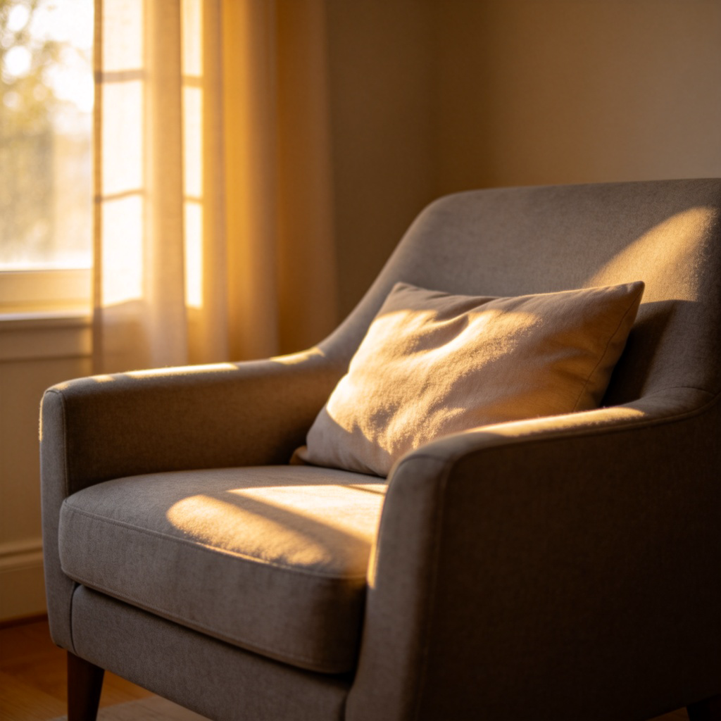 A modern, gray fabric armchair in a cozy living room setting, with a soft throw pillow on it. Sunlight is coming through a window nearby, illuminating the chair. The chair is the clear focus of the image against a simple, uncluttered background. No text.
