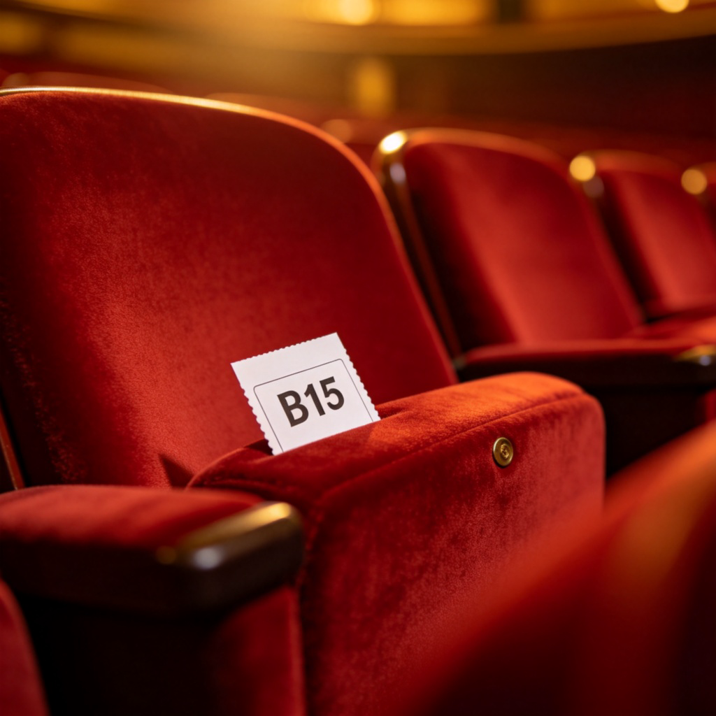 A close-up view of a red velvet theatre seat with a small, crisp white paper ticket tucked into its armrest, showing the seat number ‘B15’. The surrounding seats are empty and slightly out of focus. The lighting is warm and dramatic, like before a show starts. No text.
