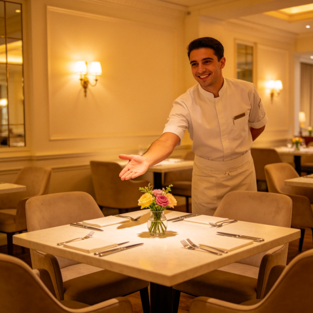 A friendly restaurant host in a clean uniform, smiling and gesturing with an open hand towards a well-set table for two in a stylish but casual dining room. The focus is on the host’s guiding action and the inviting empty chairs. Ambient, welcoming lighting. No text.