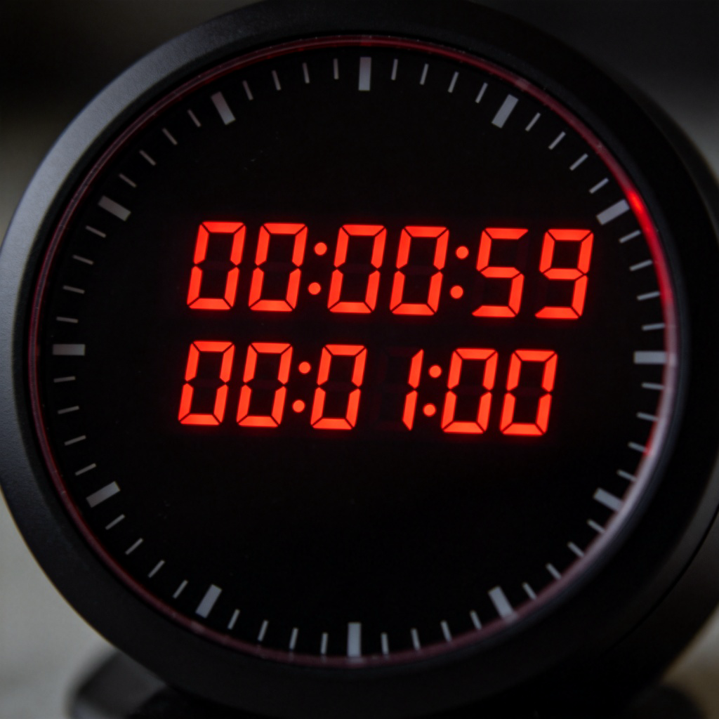 A close-up shot of a digital kitchen timer or a stopwatch, clearly showing the numbers ticking from 00:00:59 to 00:01:00. The focus is on the red digital numbers against a black background. Alternatively, a close-up of the second hand on an analog clock, moving around the face. Clean, sharp, and realistic style. No text on the image.
