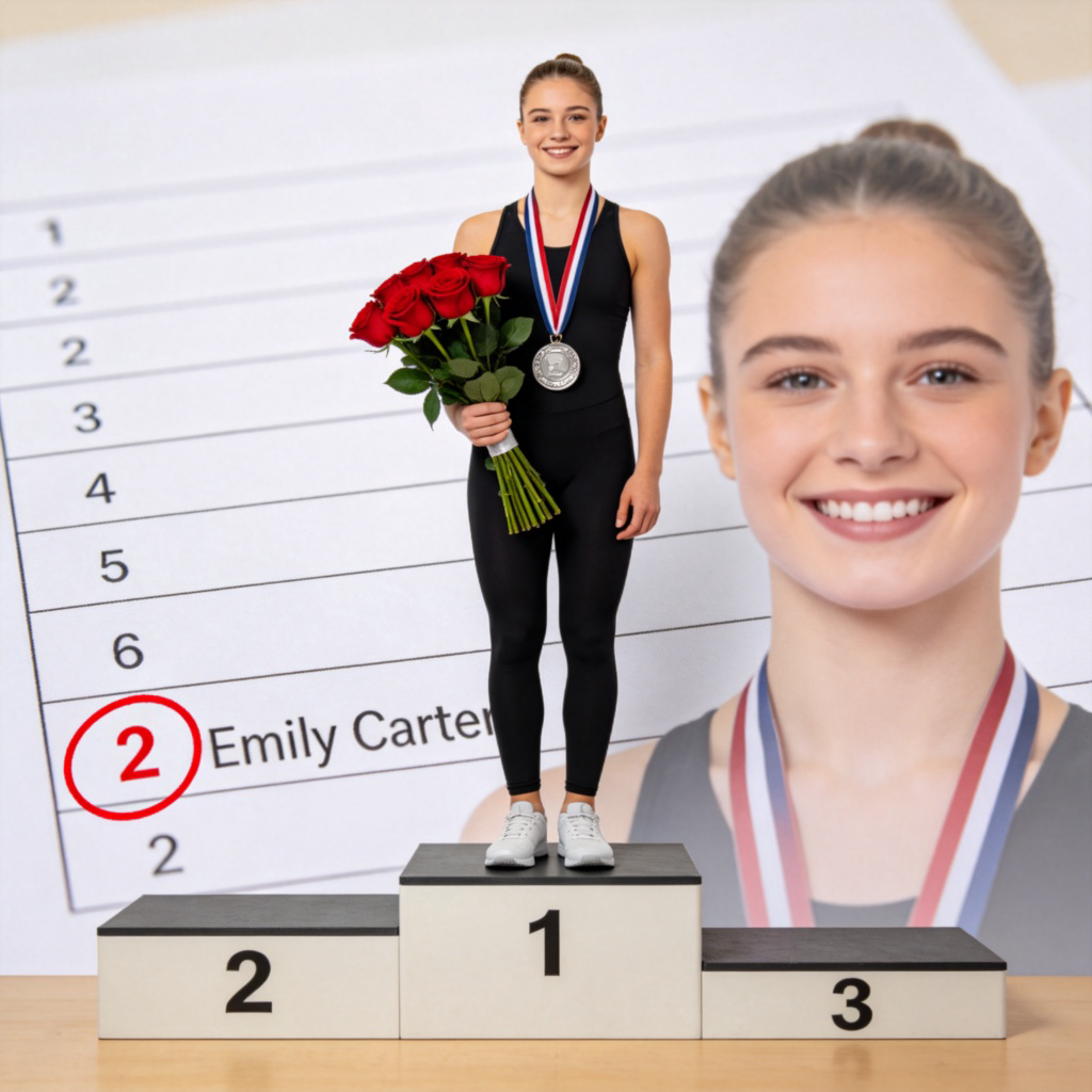 A clear photo of a podium for a sports award ceremony. The person standing on the second-highest step (silver medal position) is smiling and holding flowers. The first and third place steps are also visible but the focus is on the second-place person. Or, a close-up of a list or ranking with the number '2' clearly circled next to a name. Simple background.