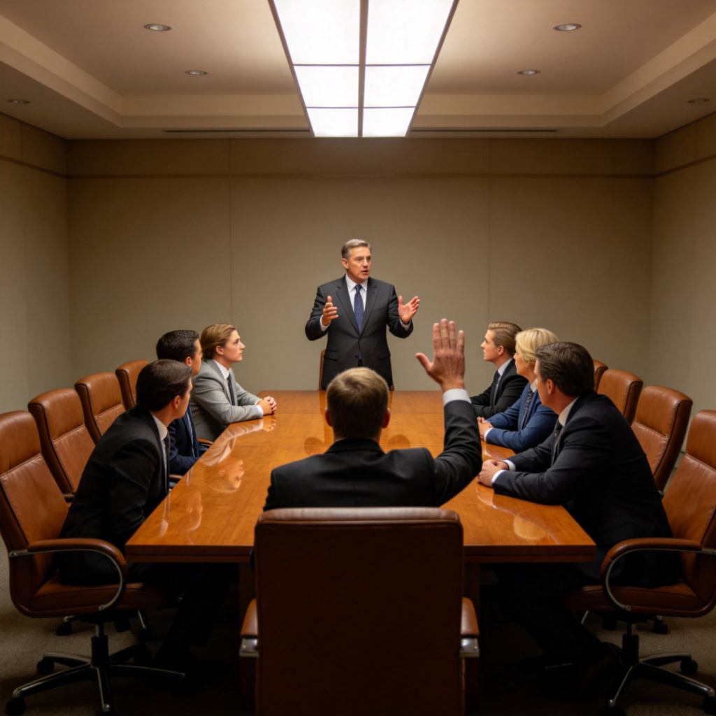 A scene in a formal meeting room. One person is standing at a table, speaking (the proposer). Another person across the table is raising their hand clearly, with a determined and supportive expression, to indicate they second the motion. Others are seated around the table, paying attention. Realistic boardroom setting.