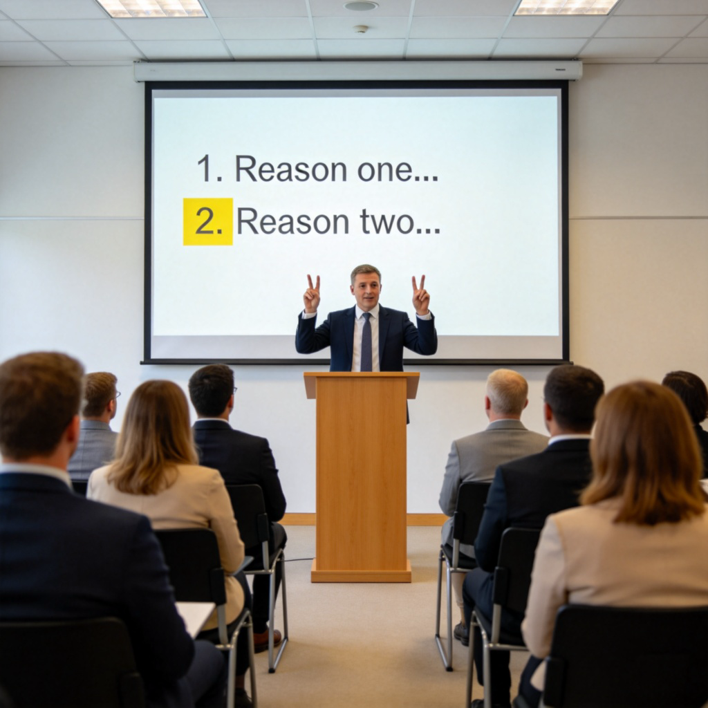 A person standing at a lecture podium, gesturing with two fingers raised. On a projection screen behind them, a simple list is shown: '1. Reason one... 2. Reason two...', with the number '2' and the text next to it highlighted in yellow. The audience is listening attentively. Clean, bright meeting room setting. No text on the screen other than the numbered list.