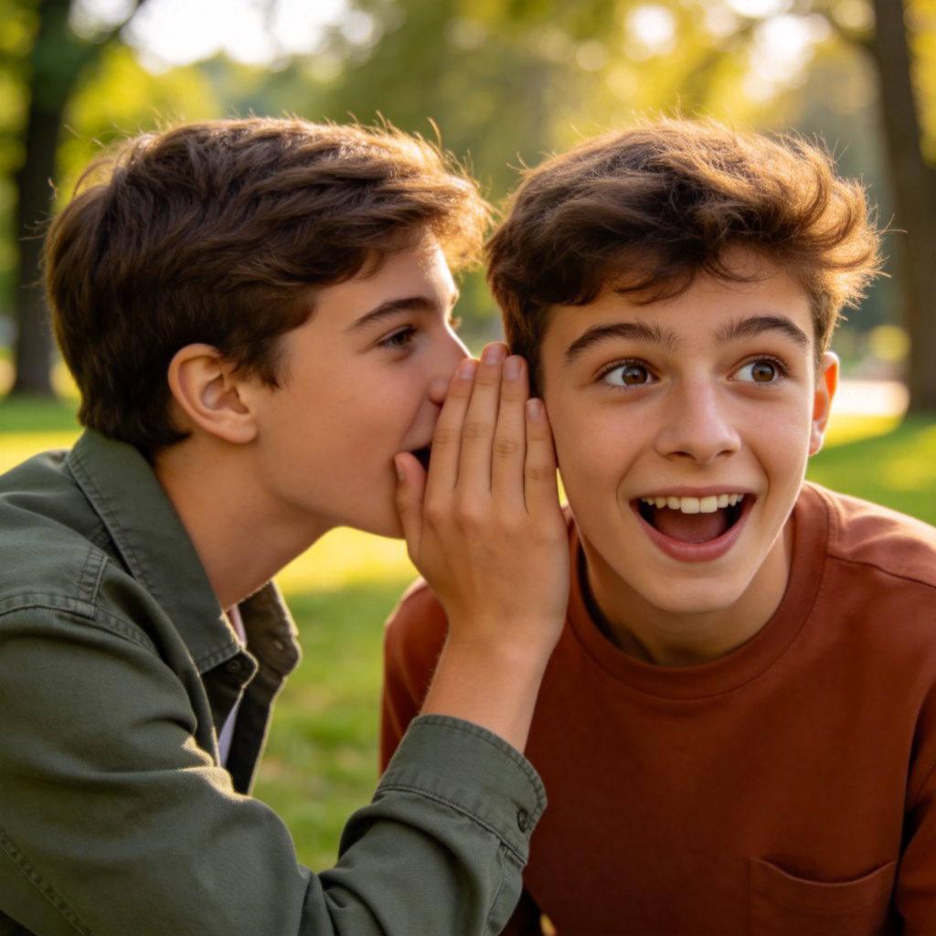 Two teenagers, one whispering into the other's ear in a park. The listener has a surprised and knowing smile. Focus on their faces and the intimate gesture. Natural daylight, casual clothing. The background is slightly blurred.