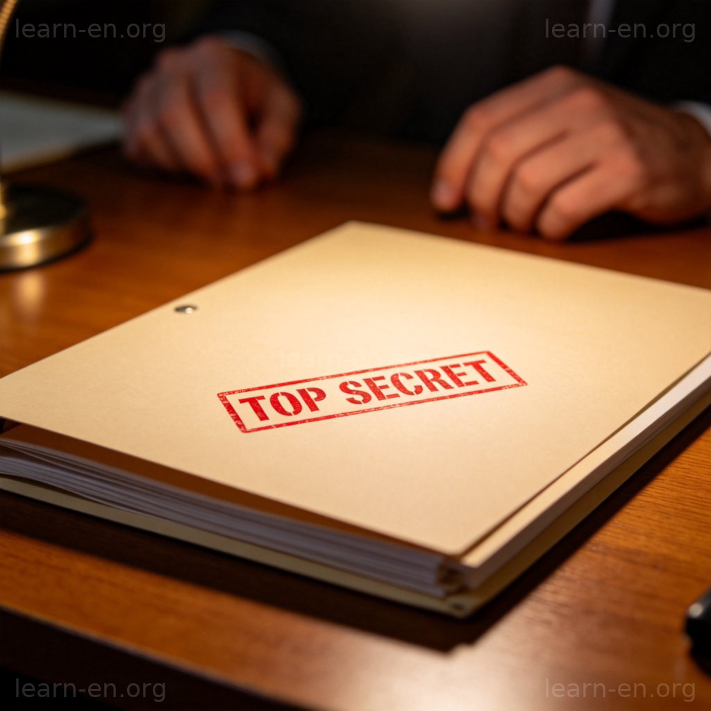 A single, thick beige folder lying on a wooden desk, with a bold red stamp reading 'TOP SECRET' on its cover. A pair of hands in the background are blurred. The lighting is from a desk lamp, creating a serious and focused atmosphere.