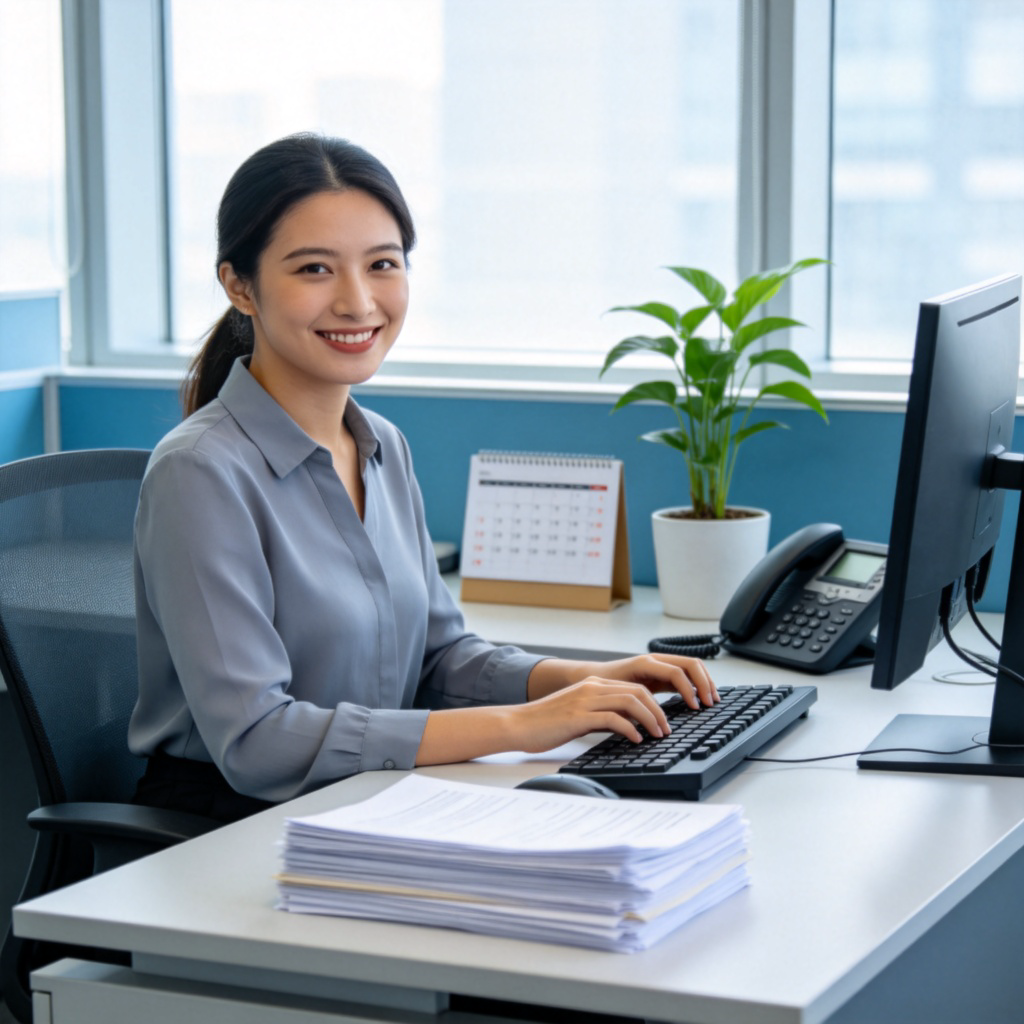 A woman with a friendly smile, sitting at a modern office desk with a computer, a phone, and a neat stack of papers. She is typing on the keyboard, with a calendar and a potted plant visible on the desk. Bright, natural office lighting. The focus is on her professional and organized workspace. No text or logos.