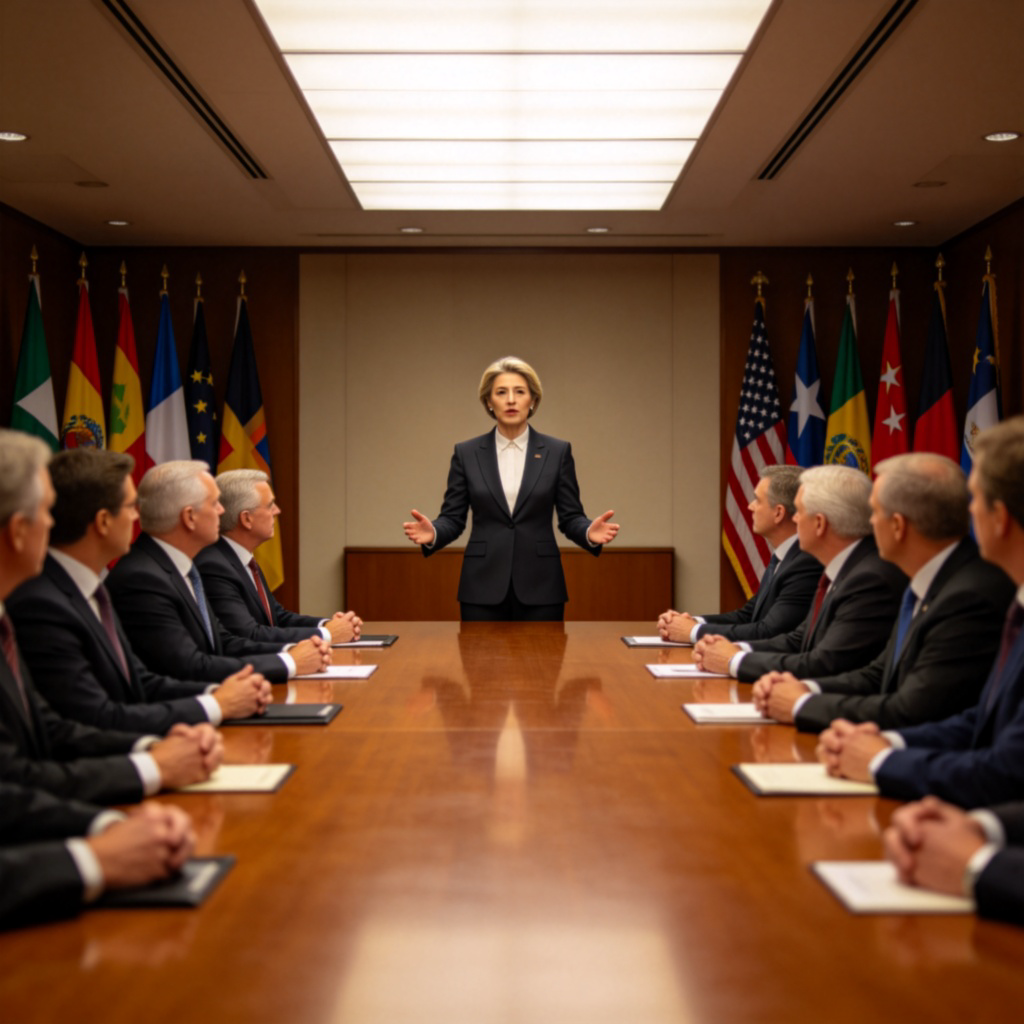 A formal meeting room with a long wooden table. A distinguished-looking person in a suit (gender-neutral) stands at the head, addressing other officials. National flags are displayed in the background. The atmosphere is serious and diplomatic. The focus is on the speaker's authoritative posture. No text or logos.