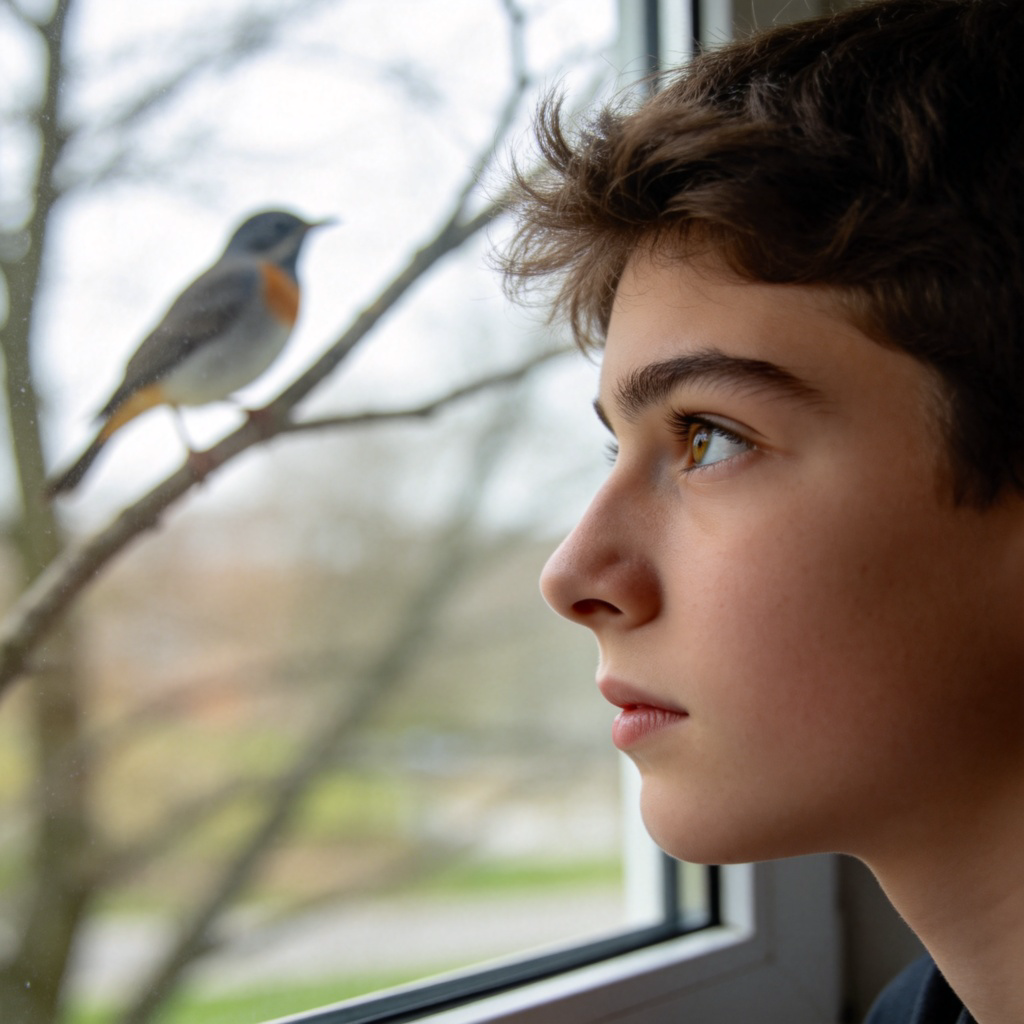 A young person looks out of a clean window, their eyes focusing on something in the distance, like a bird on a tree branch. Daylight, clear view, emphasis on the person's line of sight and attentive expression. No text in the image.