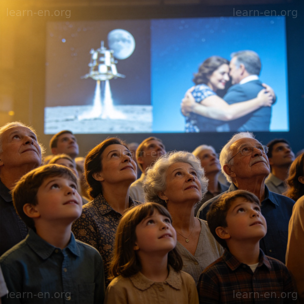 see 见证含义图解：人群共同仰望历史时刻屏幕