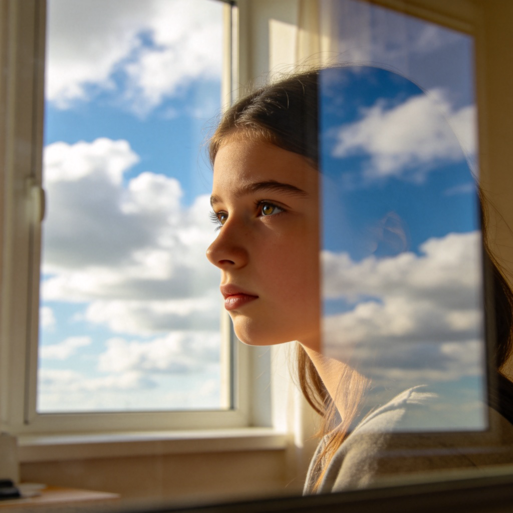 A teenage girl looking out of a window with a slightly unsure expression. Outside, the sky is partly cloudy. The focus is on her thoughtful face and the view outside. Clean, bright room interior. Photorealistic style, no text.