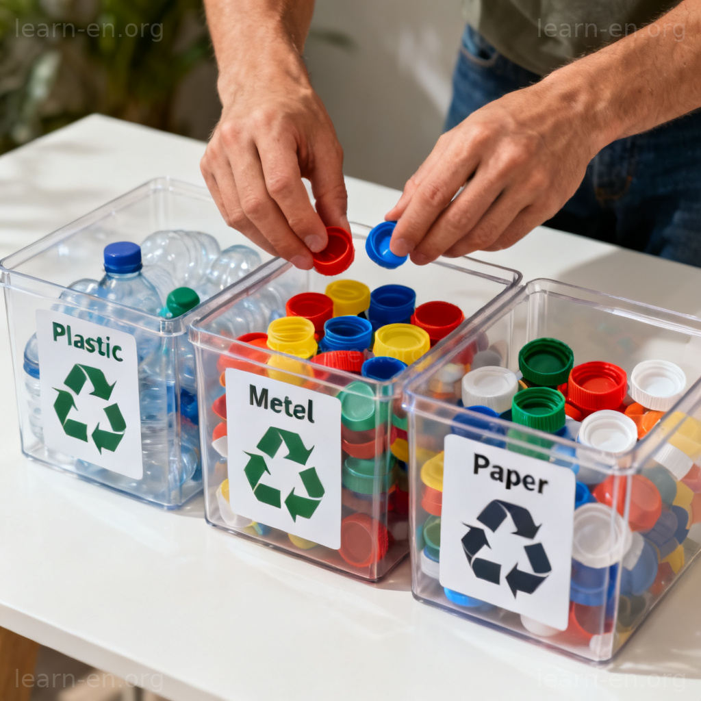Segregate sorting plastic bottle caps by type into recycling bins