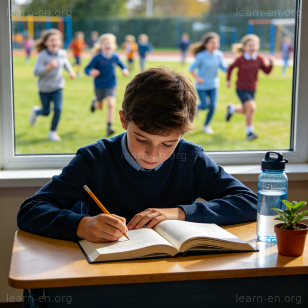 Self-Discipline 自律图解：学生在书桌前专注学习，窗外同伴在玩耍