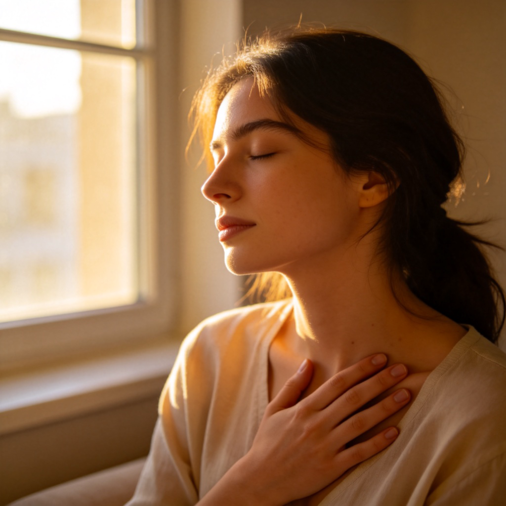 A person sitting quietly by a window in a cozy room, one hand gently resting on their chest near the heart, eyes closed in peaceful reflection. Soft morning light streams in, illuminating their thoughtful expression. Close-up shot focusing on the person's calm face and upper body, plain background. No text.