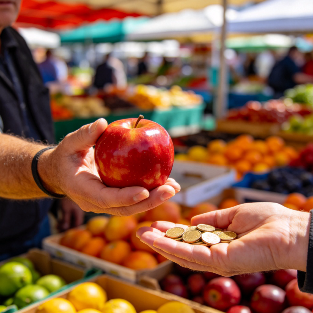 A person at a colorful outdoor market stall, holding out a shiny red apple towards the viewer with one hand, while receiving coins in the other hand from a customer. Focus on the hands and the exchange of goods and money. Clear, bright lighting, realistic style.