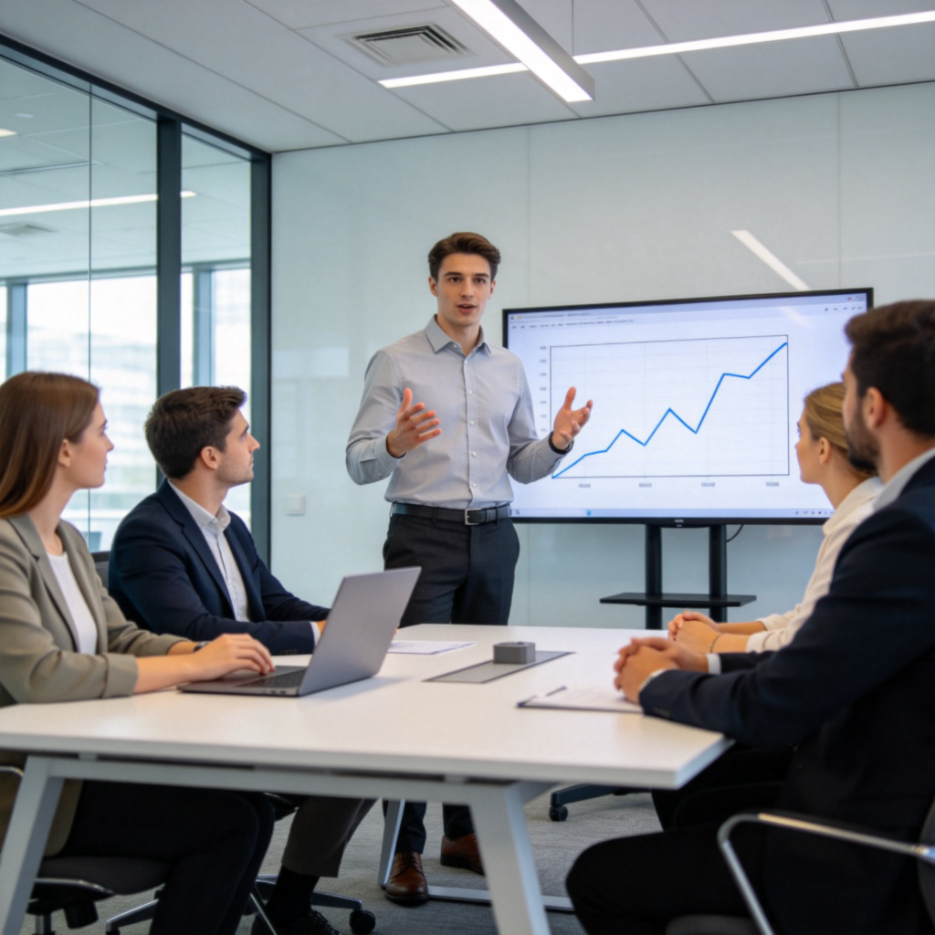 A confident person standing in a modern meeting room, using hand gestures while speaking to a small, attentive group of colleagues. A simple graph is visible on a screen behind them. The scene captures the moment of persuasion. Clean office environment, realistic style.