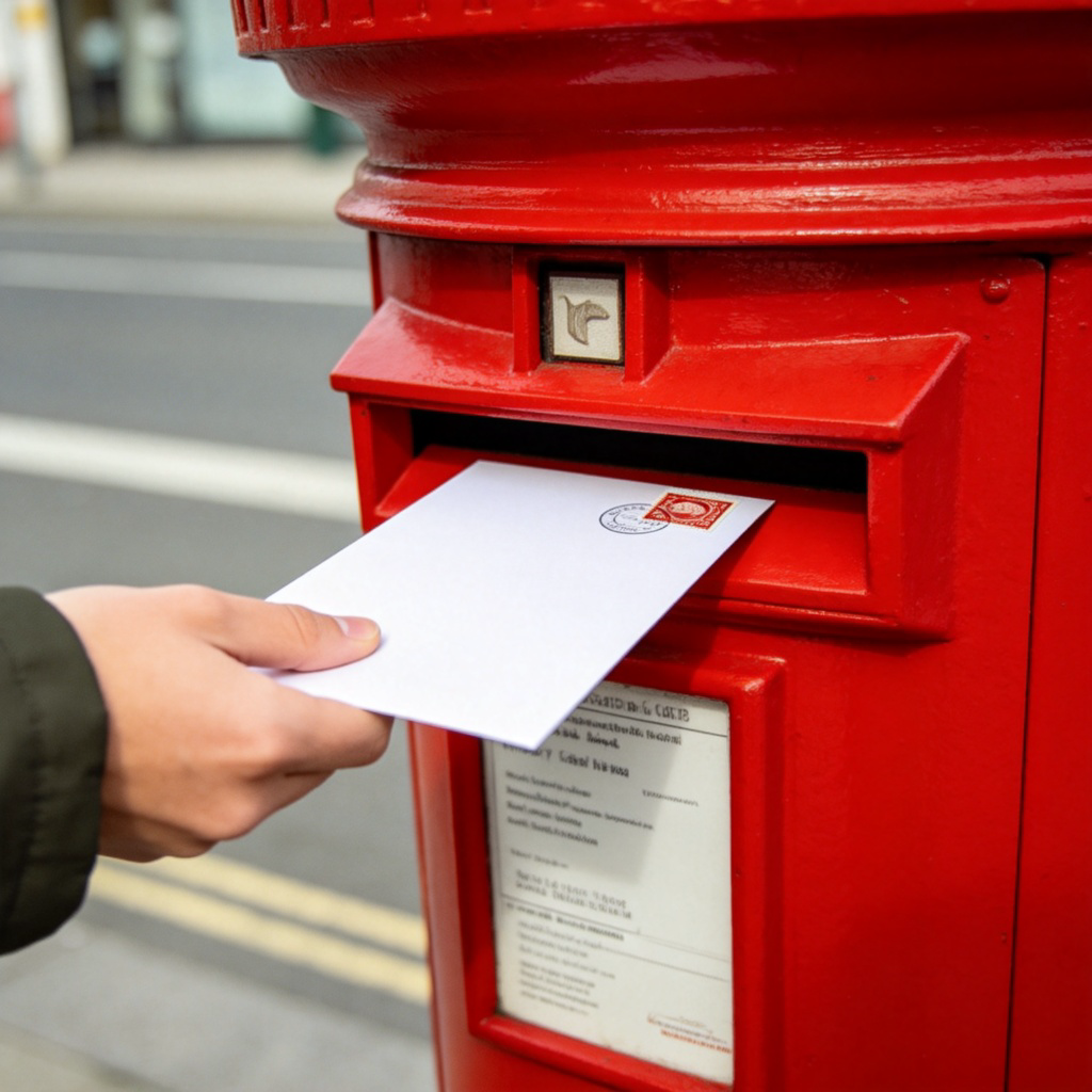A person's hand dropping a sealed letter with a stamp into a bright red public mailbox. Focus on the action and the mailbox, clear daylight, simple urban street background. No text.