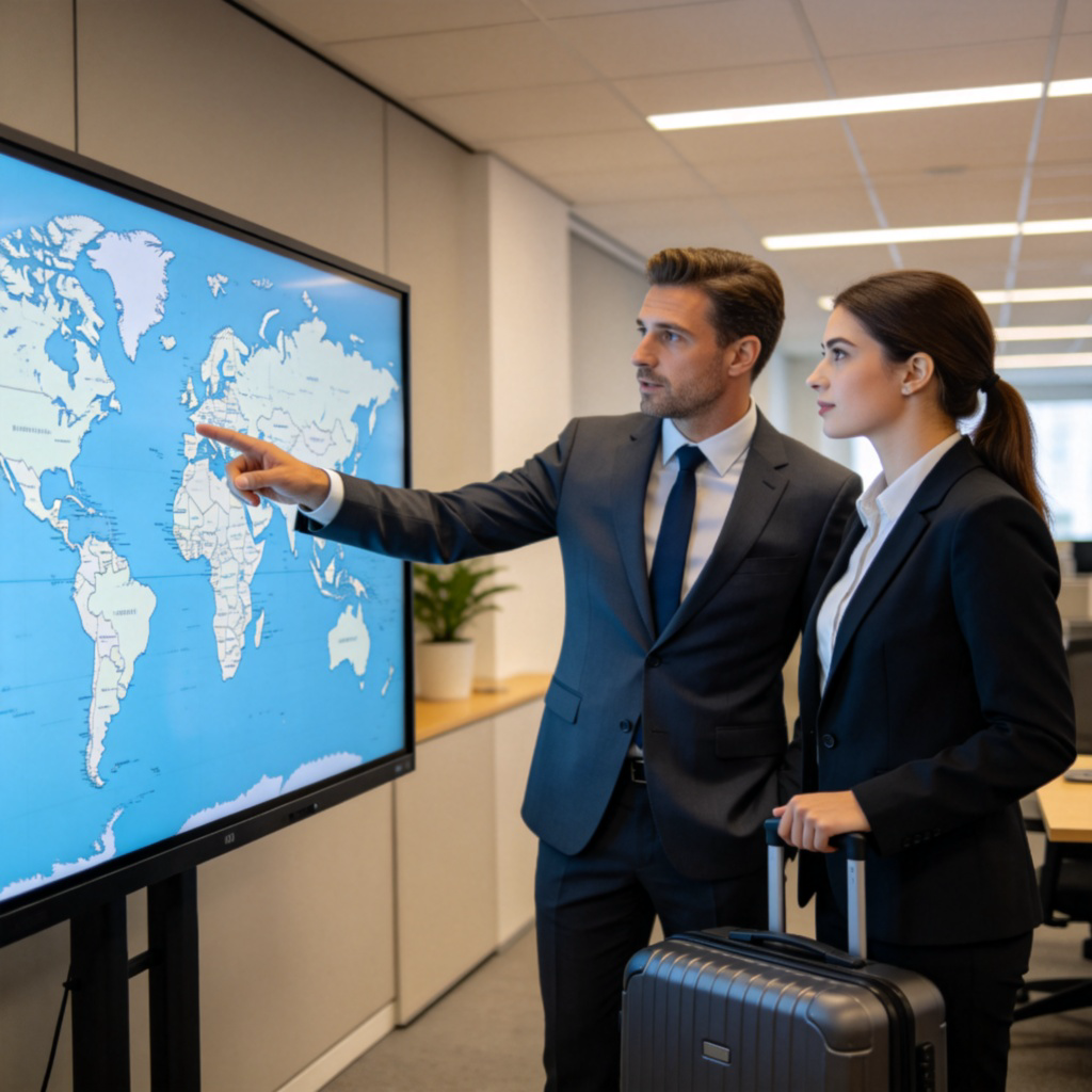 A manager in a modern office pointing at a world map on a screen, talking to an employee holding a suitcase, as if giving travel instructions. They are both dressed professionally. Clean office environment, focused on the interaction.