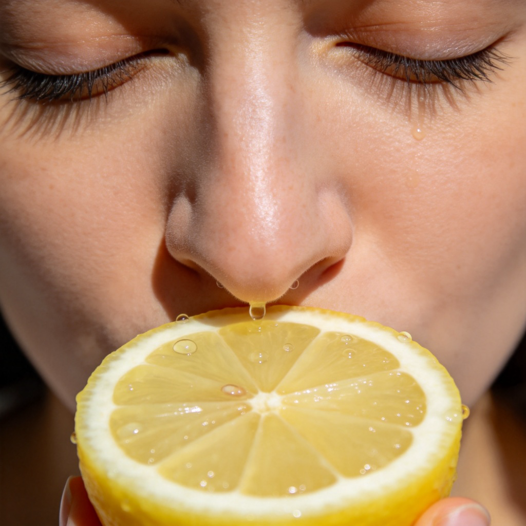 A close-up of a person's face, with their eyes closed, gently sniffing a freshly cut lemon. Drops of lemon juice are visible. The focus is on the nose and the lemon, with a soft, natural background. The image conveys the direct act of using the sense of smell. No text or logos.