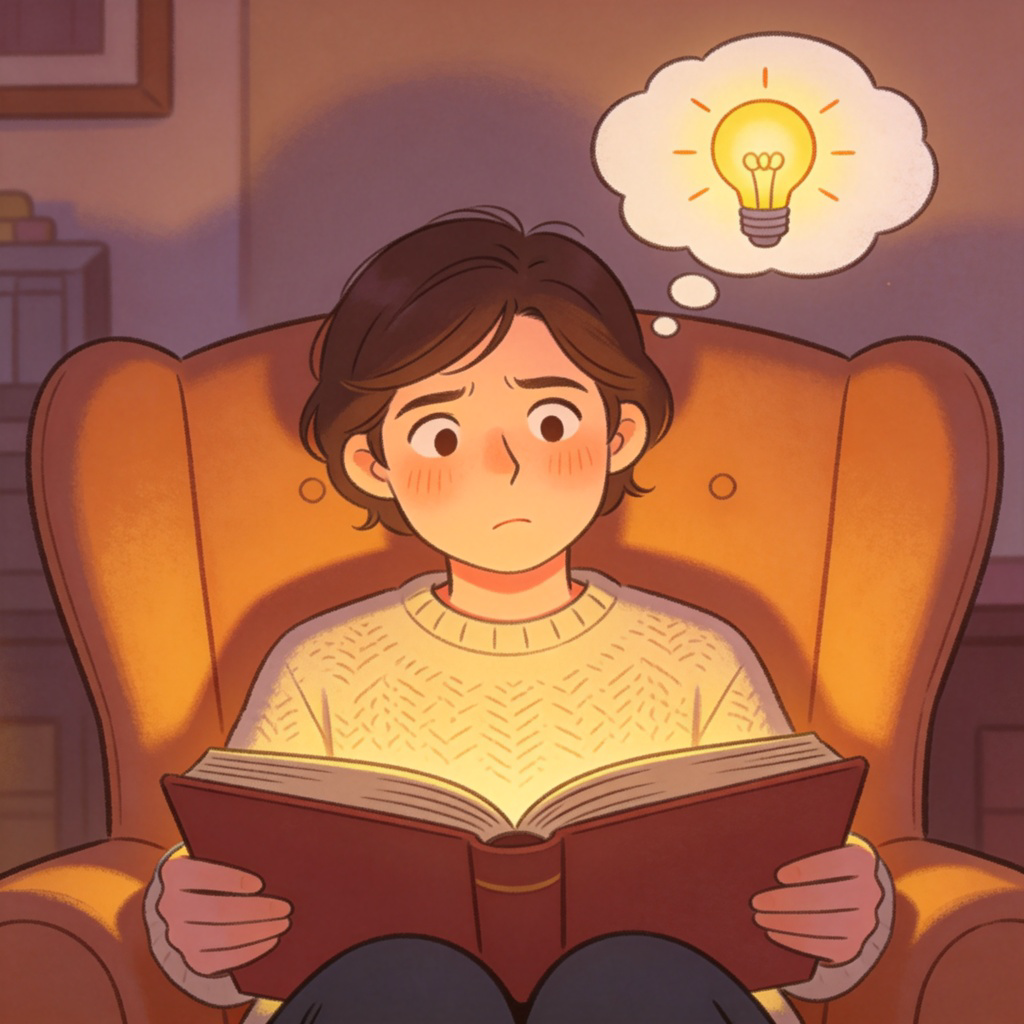 A person sitting in a cozy armchair, holding an open book with a slightly puzzled but thoughtful expression. A simple, glowing lightbulb graphic appears in a thought bubble above their head, against a plain, soft-focus background. This symbolizes the moment of understanding the sense or meaning of something. No text.