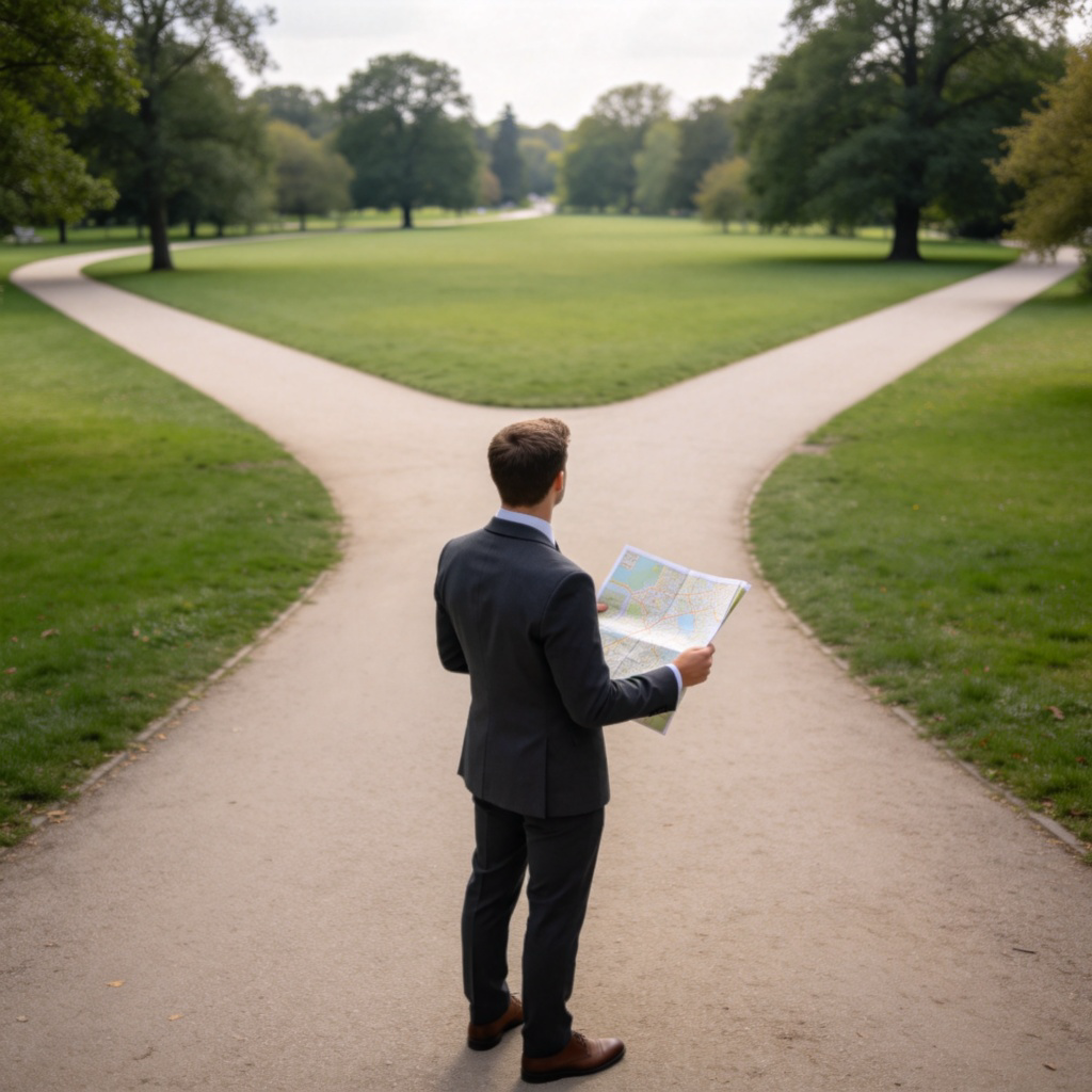 A person standing at a crossroads in a park, looking confidently down one path while holding a simple, unfolded paper map. They are dressed neatly, suggesting purpose. The scene depicts using good judgment or sense to choose a direction. Daylight, clear path, minimal background distraction. No text.