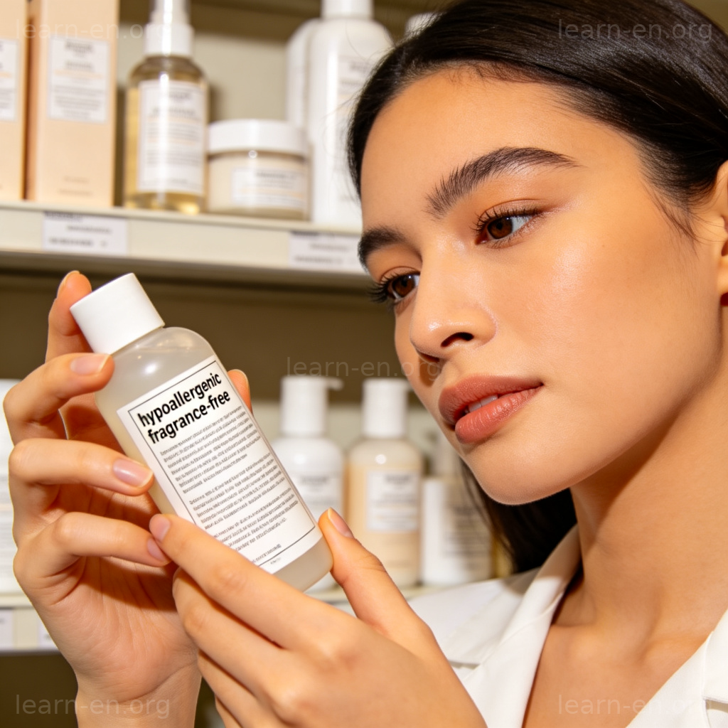 Woman carefully reading hypoallergenic and fragrance-free labels on skincare products at a pharmacy counter.