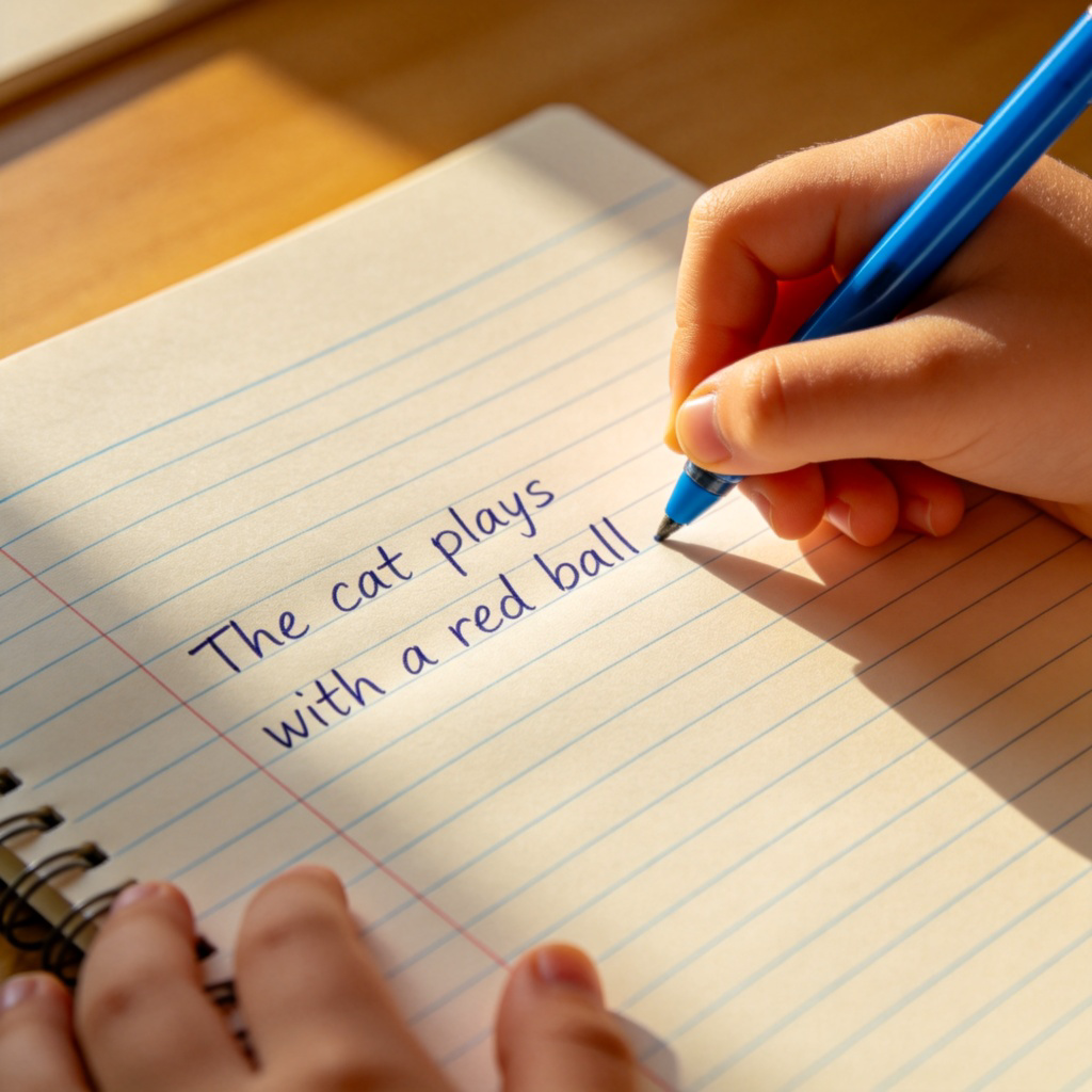 A close-up shot of a child's hand using a blue pen to write a simple English sentence on lined notebook paper. The sentence is clear and centered: 'The cat plays with a red ball.' Soft morning light falls on the page. No text or logos.