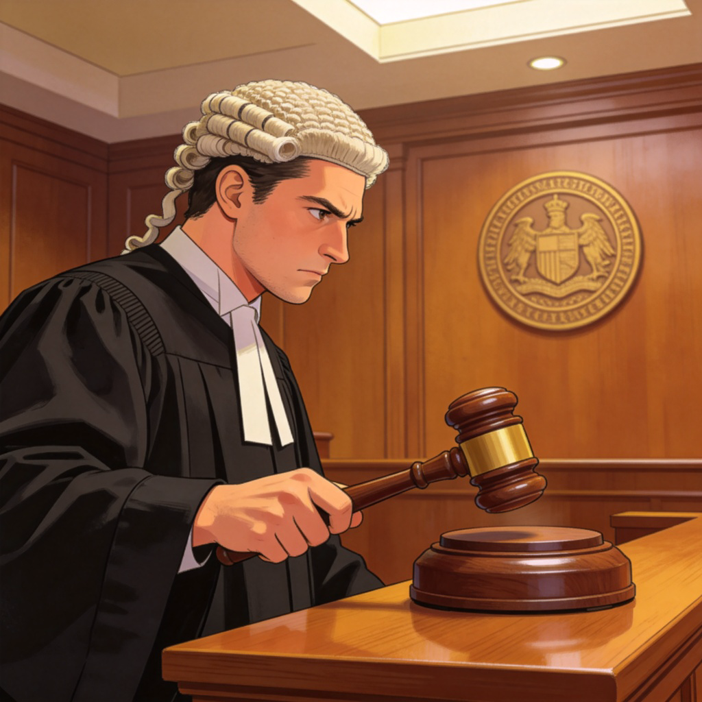 A focused side view of a judge in a black robe and wig, gavel in hand, poised to strike it down on a wooden sound block on the bench. A determined expression on their face, with the court's seal visible on the wall behind them. Solemn atmosphere.
