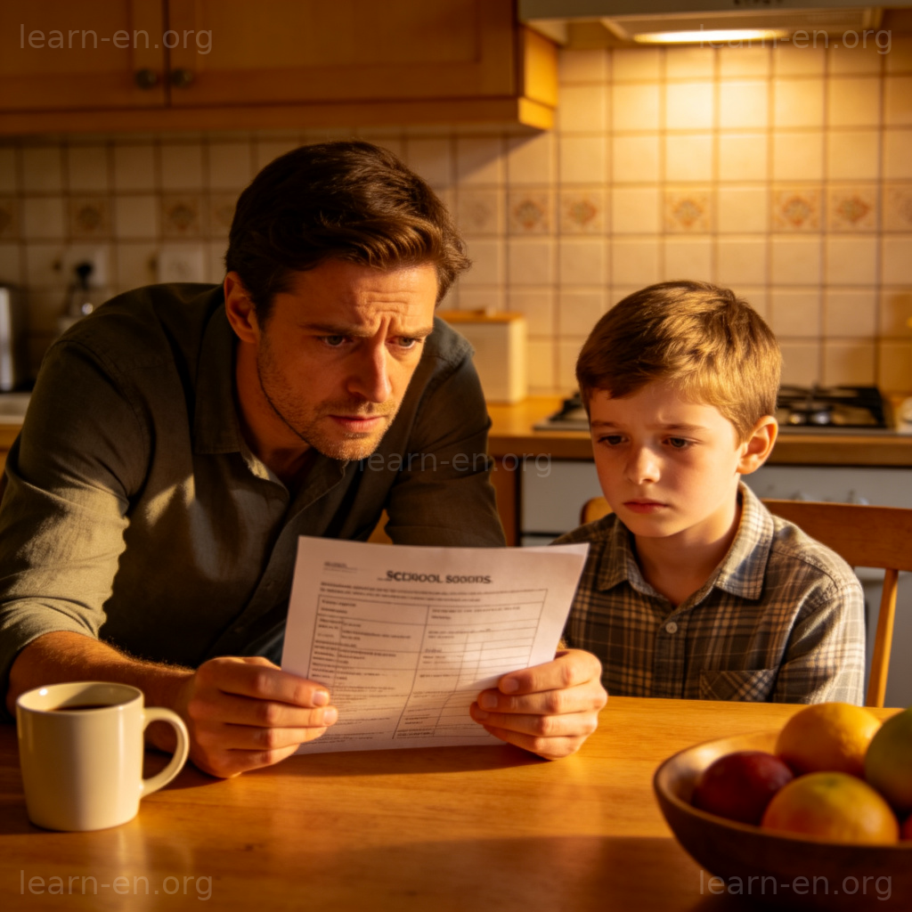 serious look 图解：家长与孩子在餐桌前，家长表情专注严肃