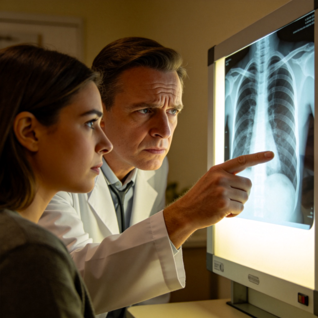 A concerned doctor in a consultation room, pointing to an X-ray film on a lightbox with a serious expression. The patient looks worried. Soft lighting, realistic style, focus on their faces and the medical image. No text or logos.