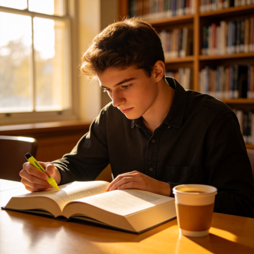 A focused young adult sitting at a desk in a library, intensely reading a thick textbook with a highlighter in hand. Natural light from a window, neat desk, and a cup of coffee nearby. Realistic photo style, emphasis on concentration. No text.
