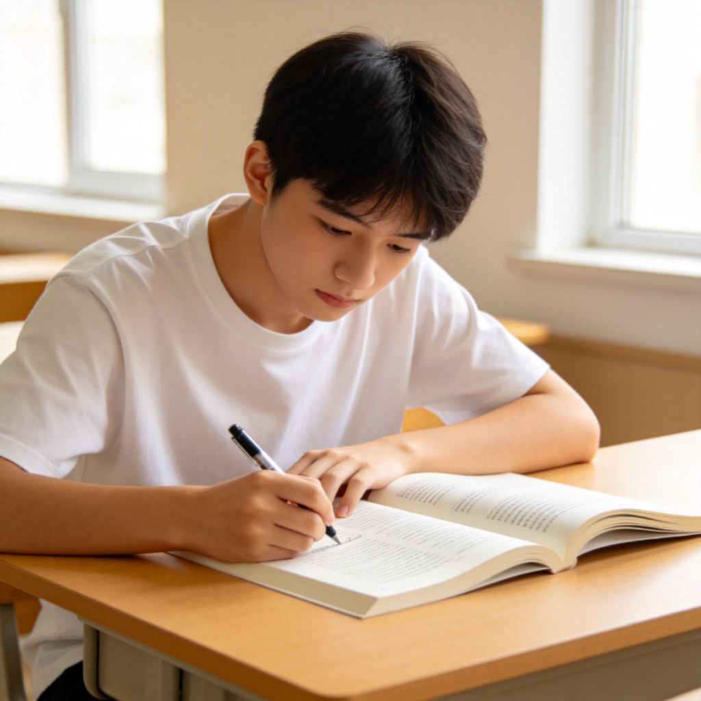 A student sitting at a tidy desk in a well-lit room, deeply focused on an open textbook. The student is taking notes with a pen, showing a concentrated expression. The background is simple and uncluttered, highlighting the act of focused study. No text, realistic style.