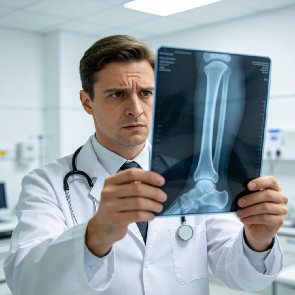 A concerned-looking doctor in a white coat holding up an X-ray film showing a clear fracture or significant abnormality. The doctor's expression is grave, indicating the situation is not minor. Clean hospital background. No text, realistic medical scene.