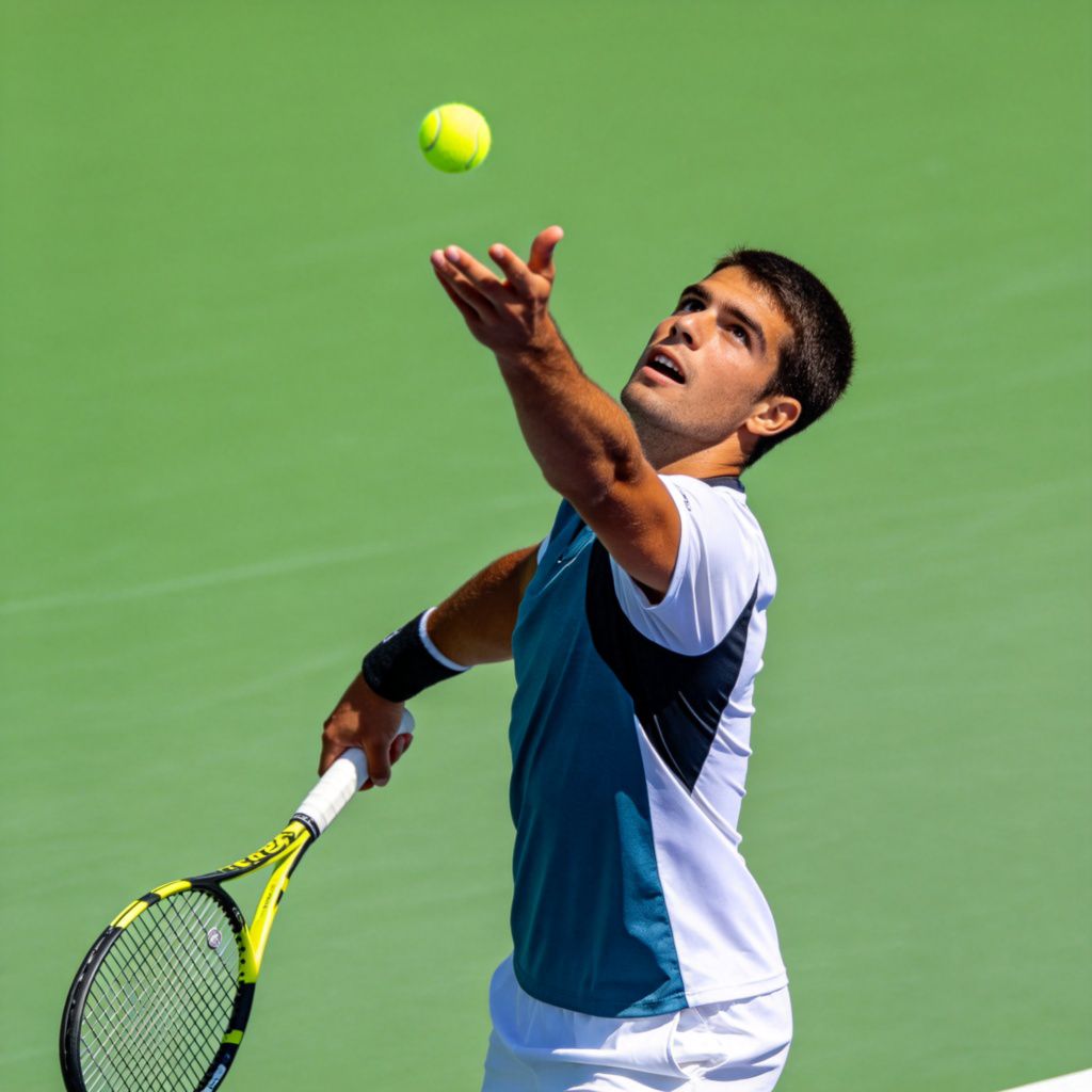 A tennis player in athletic wear on a bright green court, mid-action throwing a yellow tennis ball into the air with one hand and preparing to hit it with a racquet in the other. Focus on the dynamic serving motion. Sunny day, sharp focus on the player and ball. No text.