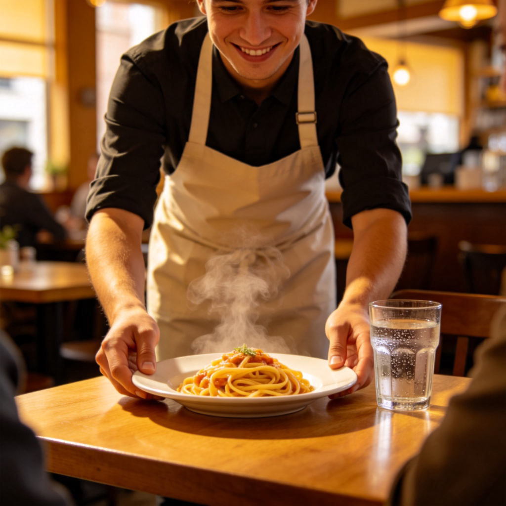A friendly waiter in a clean apron, smiling as they carefully place a plate of steaming pasta and a glass of water on a wooden restaurant table in front of a customer. Warm lighting, focus on the act of serving. No text.