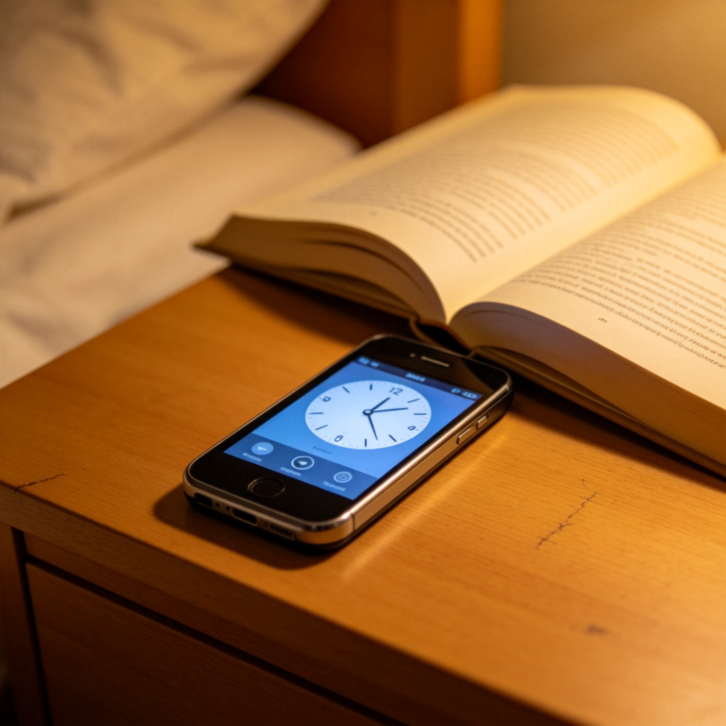 A close-up of an old smartphone lying on a bedside table next to an open book. The phone screen is brightly lit, showing a simple clock and alarm interface, clearly being used as an alarm clock. Soft morning light, cozy atmosphere. No text.