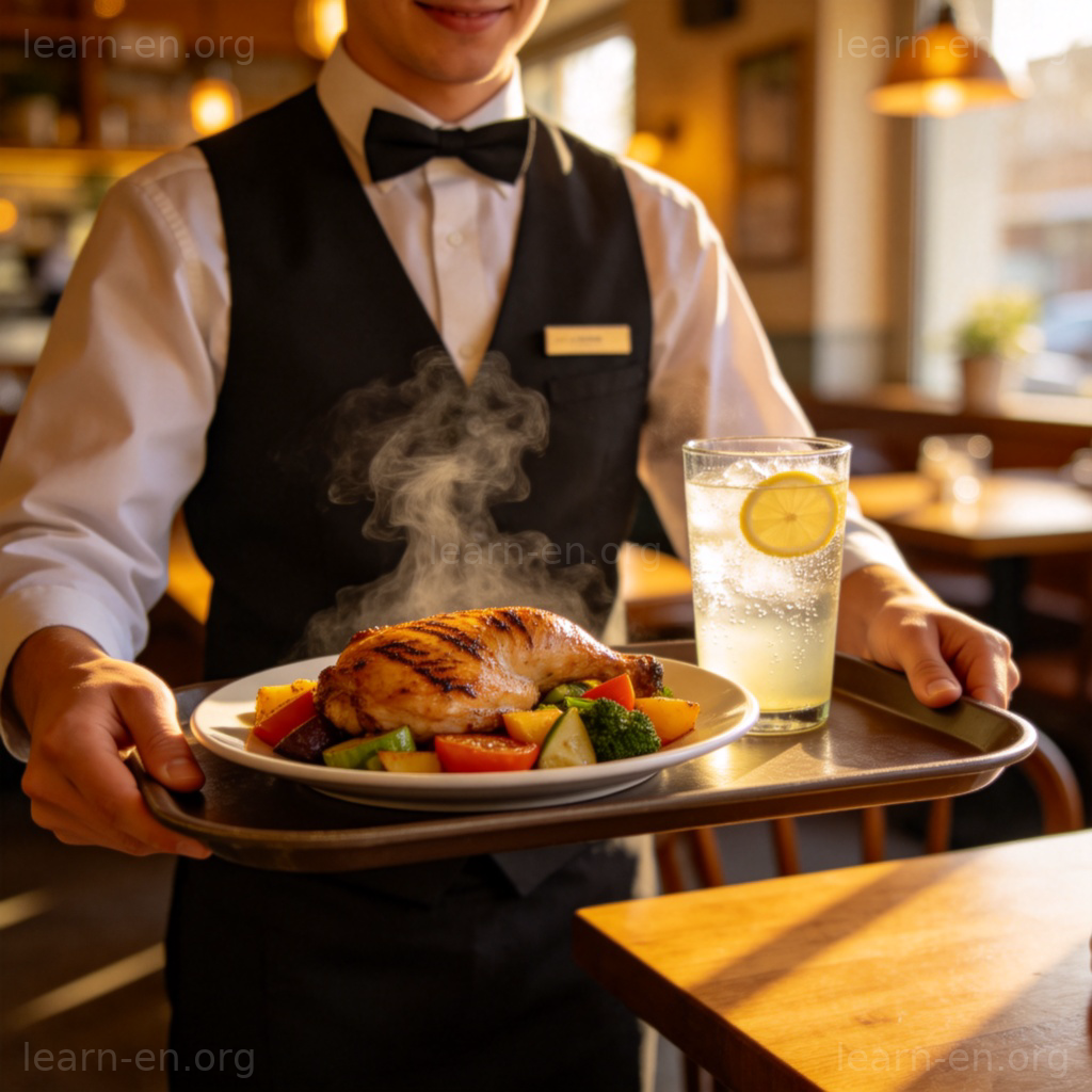 server服务员图解：餐厅服务员为顾客上菜的服务场景