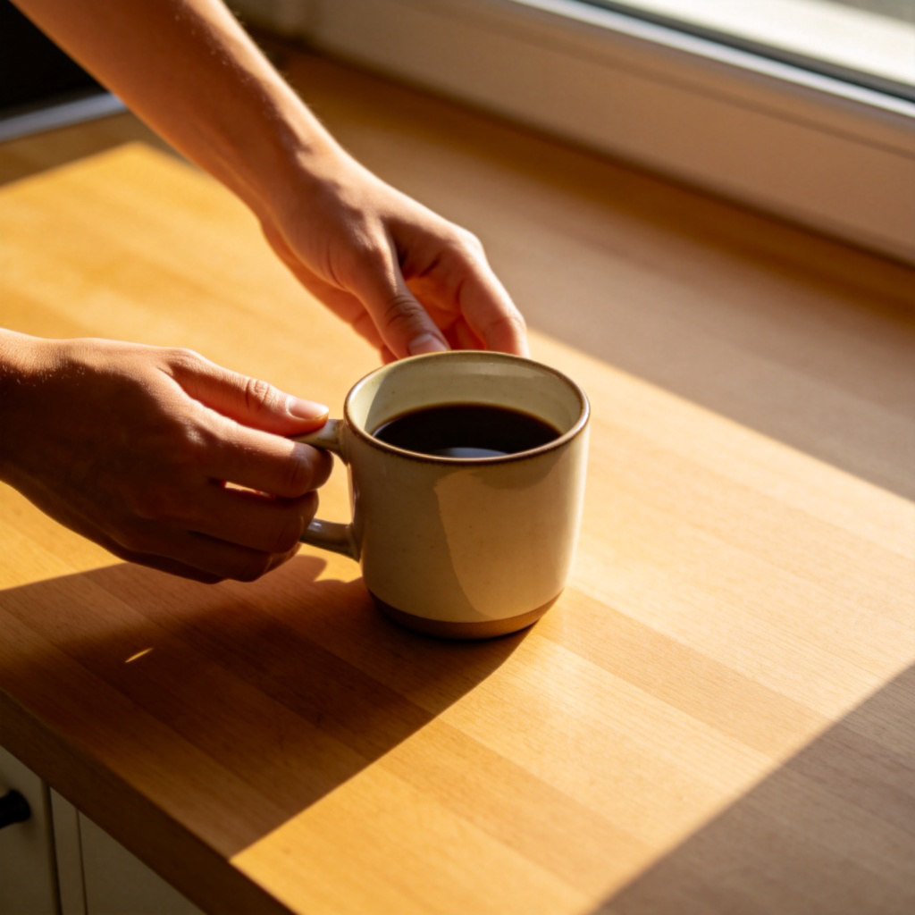 A person's hands placing a ceramic coffee mug onto a clean, wooden kitchen table. Focus on the action of placing the mug down. Soft morning light from a window, simple background. No text.