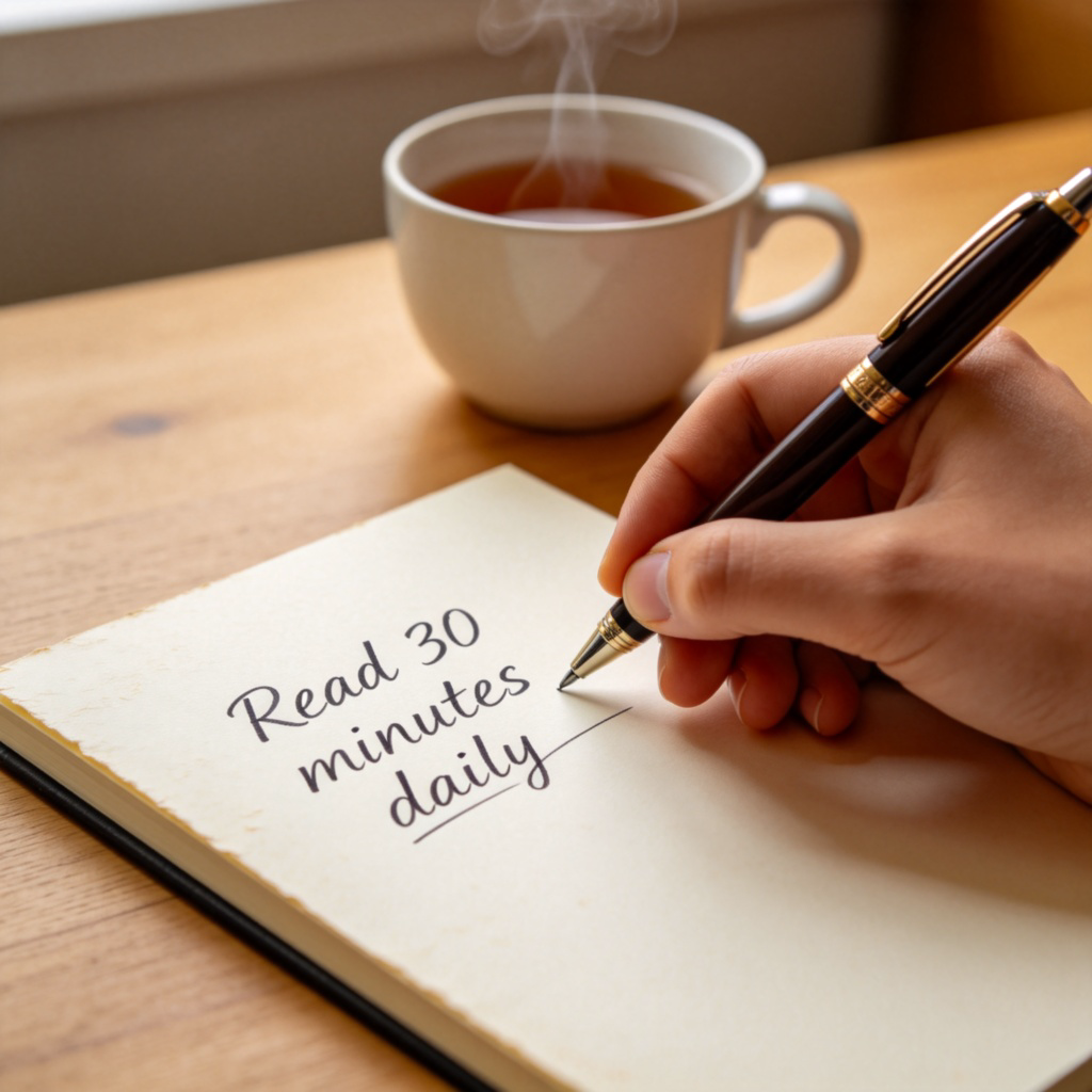 A close-up of a person's hand writing a SMART goal on a paper notepad with a pen. The goal reads 'Read 30 minutes daily'. Desk with a cup of tea in the background. Natural light. No text in the image except the handwritten goal.
