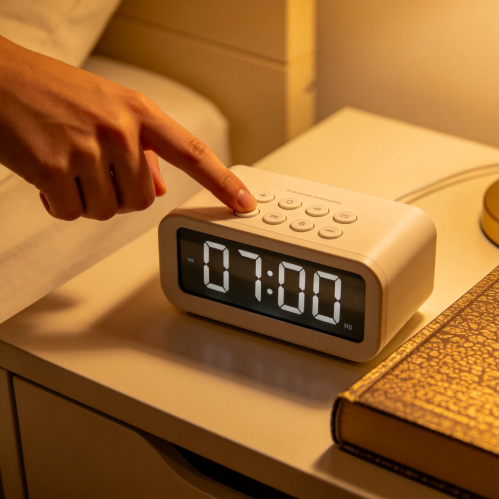 A person's finger pressing a button on a digital alarm clock. The display clearly shows the time being set to '07:00'. The clock is on a nightstand next to a book. Warm, cozy lighting. No text.