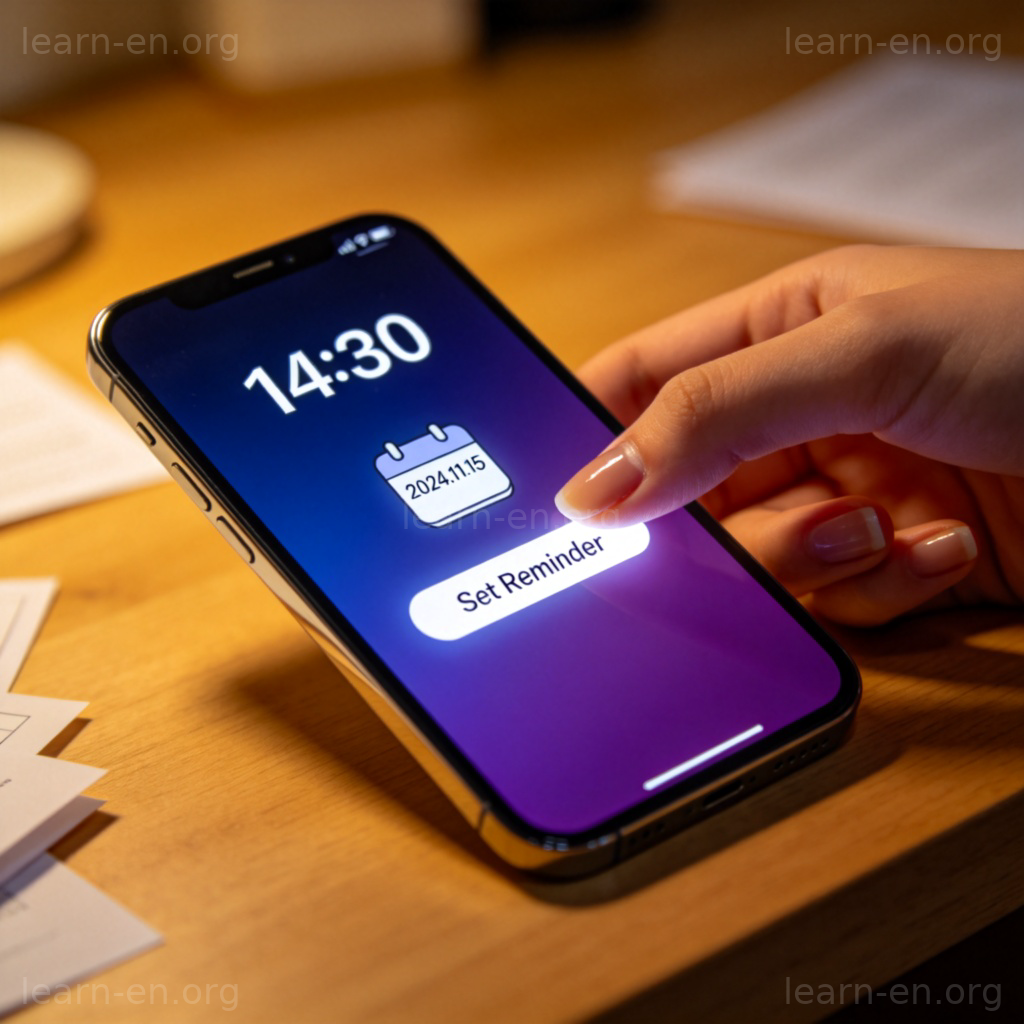 Set Reminder 图解：在智能手机屏幕上设置日历和时间提醒的场景