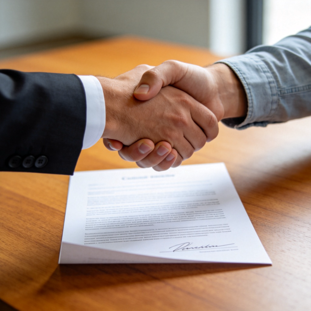 A close-up of two hands shaking in agreement, with a signed legal document lying on a wooden table between them. One hand is in a business suit sleeve, the other in a casual shirt sleeve, showing a formal agreement between different parties. Soft, natural office lighting, focus on the handshake and document. No text.