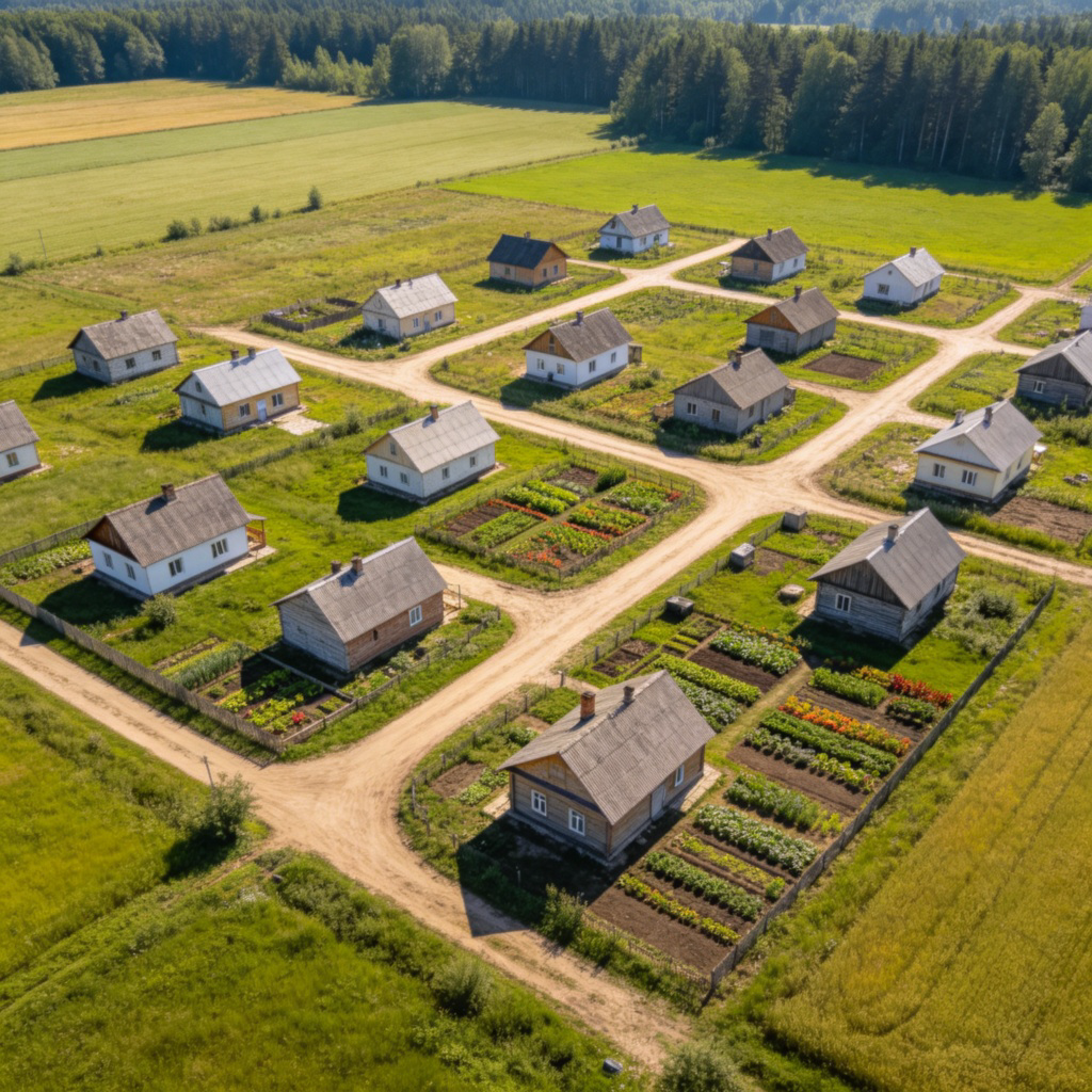 An aerial view of a small, newly established village with a few dozen simple houses, dirt roads, and small vegetable gardens, surrounded by green fields or a forest edge. Bright daylight, showing a clear community layout. No text or modern city structures.