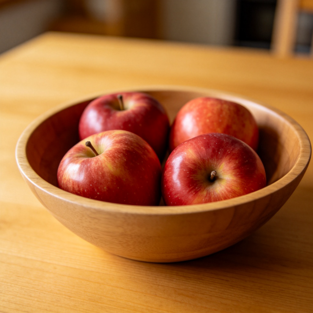 A simple wooden bowl on a plain table, containing a small number of red apples. There are clearly more than two apples, but not enough to fill the bowl-about four or five. The apples are the clear focus under soft, natural light. No text or logos are visible.