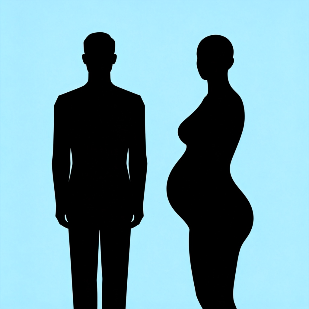 A clear, realistic illustration of two stylized human silhouettes side by side on a plain light blue background. The left silhouette has a straight, angular shape representing typical male form. The right silhouette has a curved, hourglass shape representing typical female form. Both are solid black with no details, focusing solely on the contrast in outline to convey the concept of biological sex. No text, symbols, or facial features.
