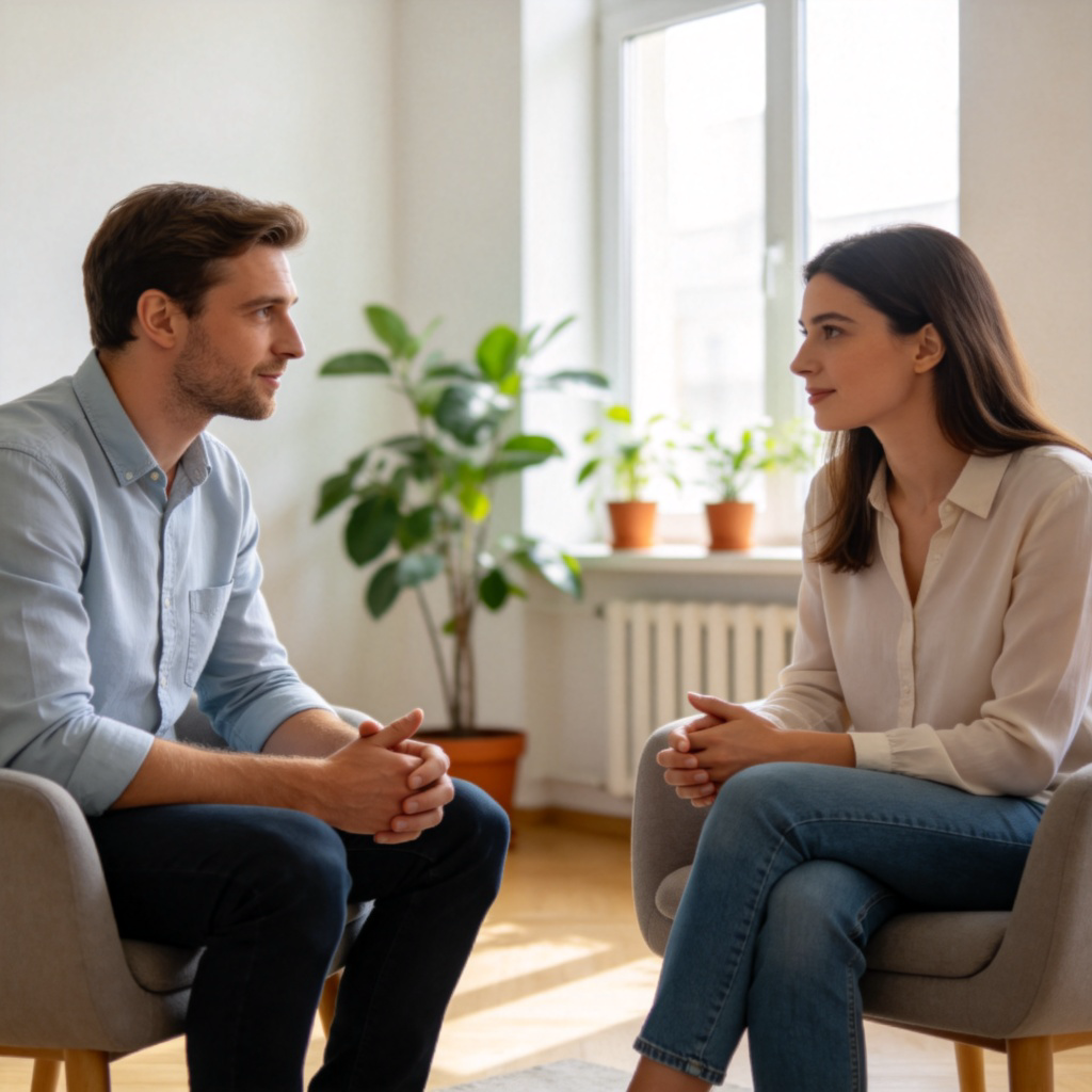 A man and a woman sitting in a bright, clean counseling room, having a calm conversation. They are dressed in casual clothes, maintaining a respectful distance. Natural light from a window illuminates their engaged facial expressions, with potted plants in the background. The focus is on their interaction, symbolizing healthy discussion about relationships.