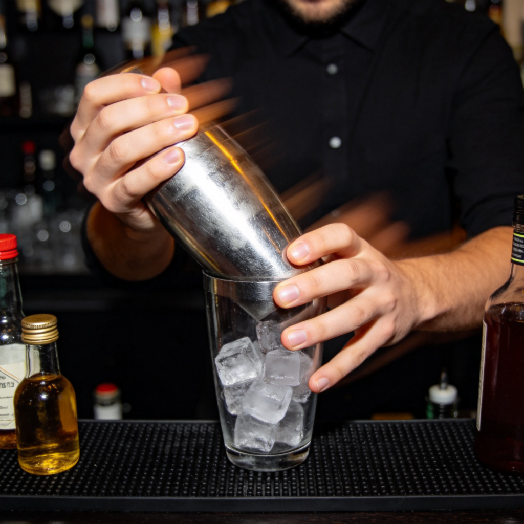 A close-up view of a bartender's hands vigorously shaking a silver cocktail shaker. The motion is blurred to show movement, ice cubes are audible inside. The background is a dark, professional bar counter with a few bottles. Focus is on the action and the shaker. No text.