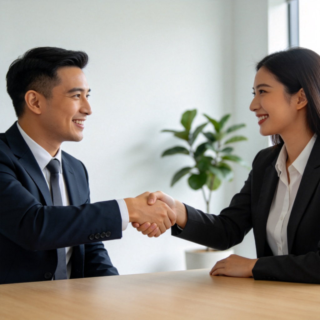 Two business people, a man and a woman in formal attire, smiling and shaking hands in a modern office meeting room. Their hands are in the center of the frame, showing a firm, friendly grip. Natural light from a window. Background is simple with a potted plant. No text.